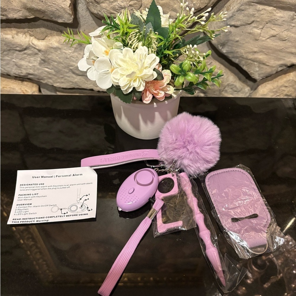 Vegan Leather Purple Personal Alarm Safety Key Keychain Set